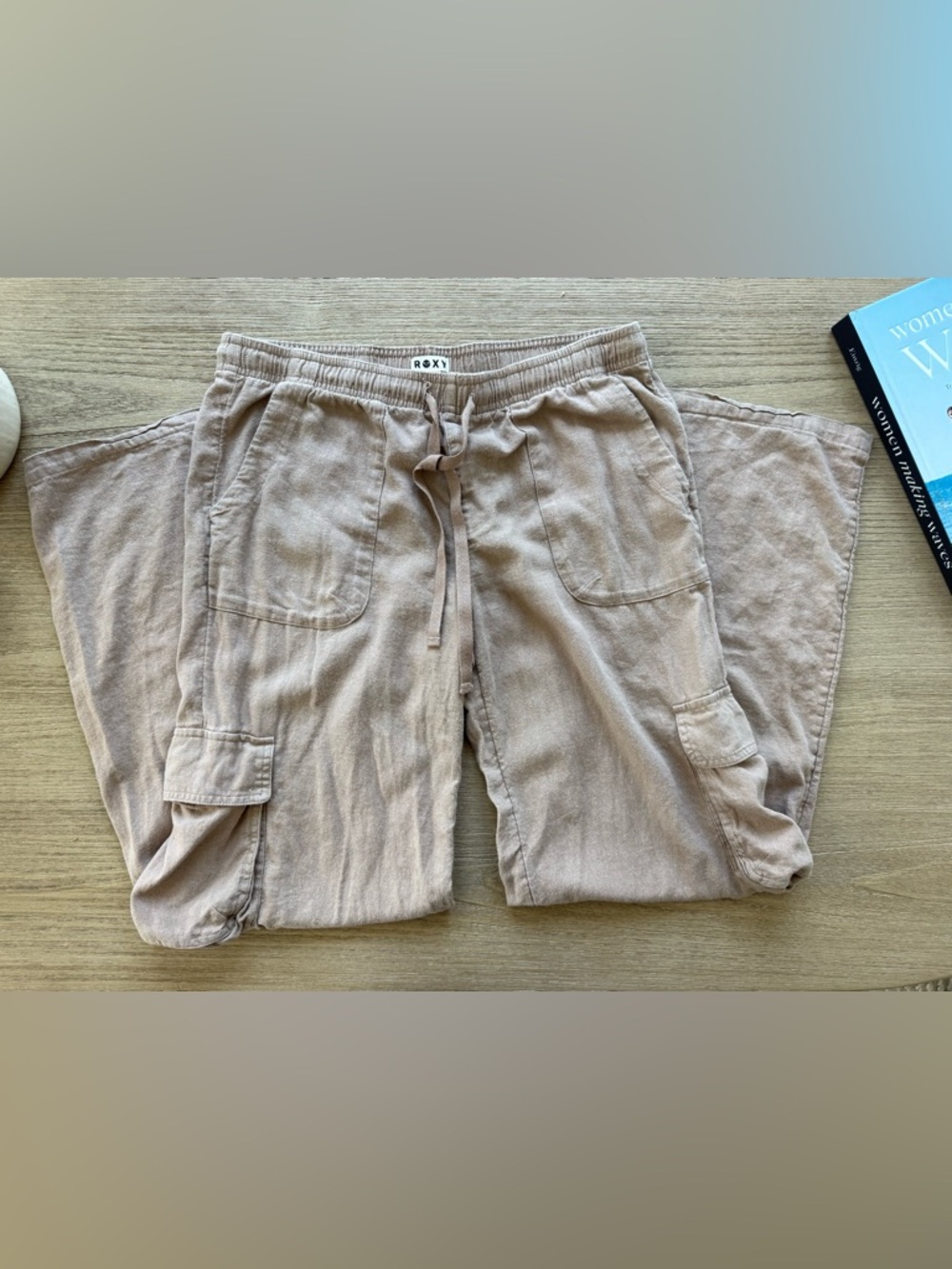 Roxy Women’s Linen Light Tan Cargo Pants with Drawstring